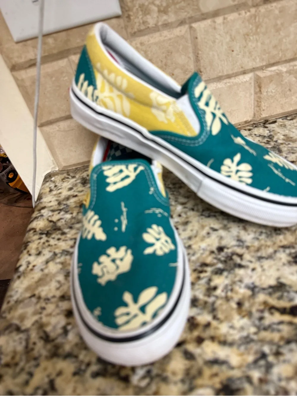 Vans Kids Slip-On Sneakers in Teal and Yellow with Cream Leaf Print